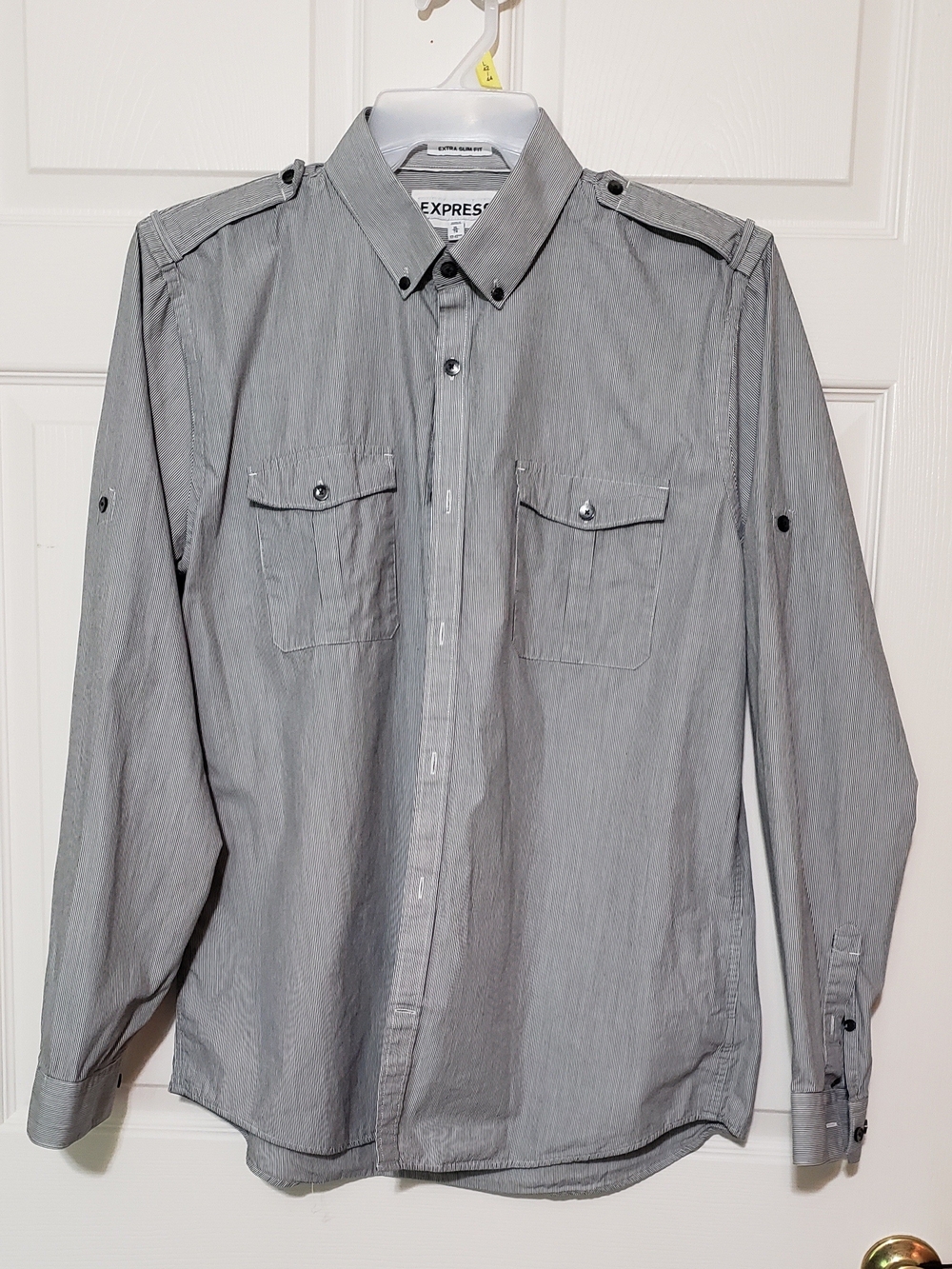 Express Men’s Black And White Stripe Long-Sleeve Button-Down Shirt